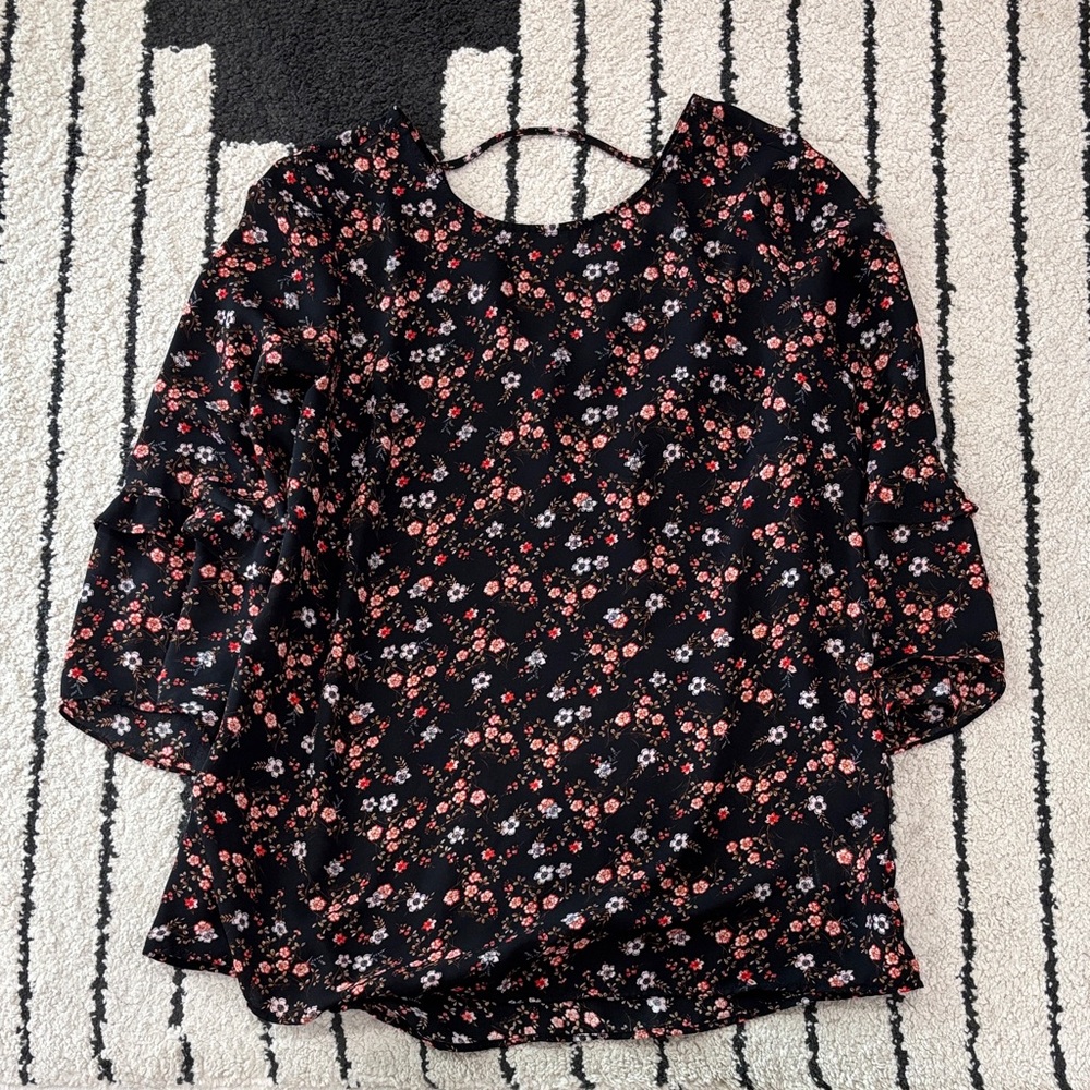 DR2 Black Blouse with Pink and White Floral Print
